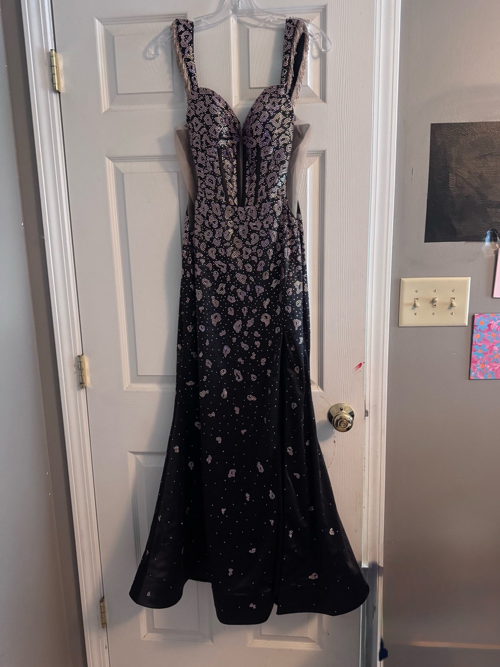 Amarra black and gold prom dress